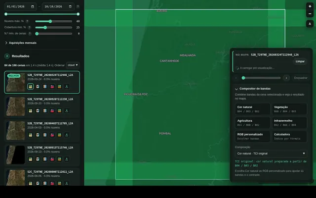 Explorador Sentinel-2 com resultados de cenas e compositor de bandas