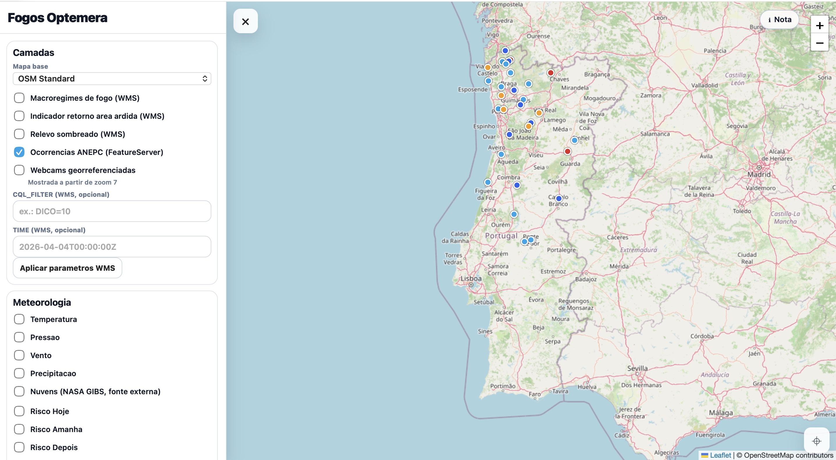 Mapa de ocorrências de incêndio em Portugal